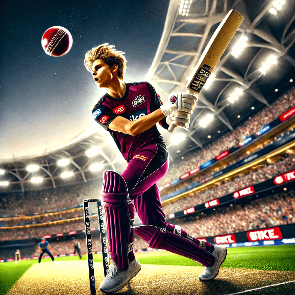 Owen Mitchell powers a massive six during a thrilling Big Bash League match, his focus and strength evident as the ball soars into the sky.